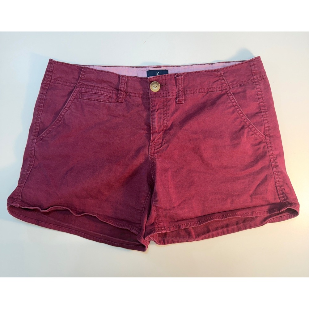 American Eagle Chino Shorts Womens 10 Burgundy Stretch Mid Rise Midi Casual
